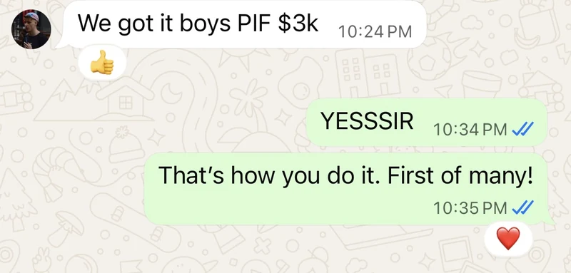Magnus Kaizik: we got it boys, three thousand dollars paid in full. Reply: that is how you do it, first of many.